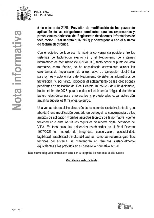 Ajornament Veri*factu fins el 6 d'octubre de 2028