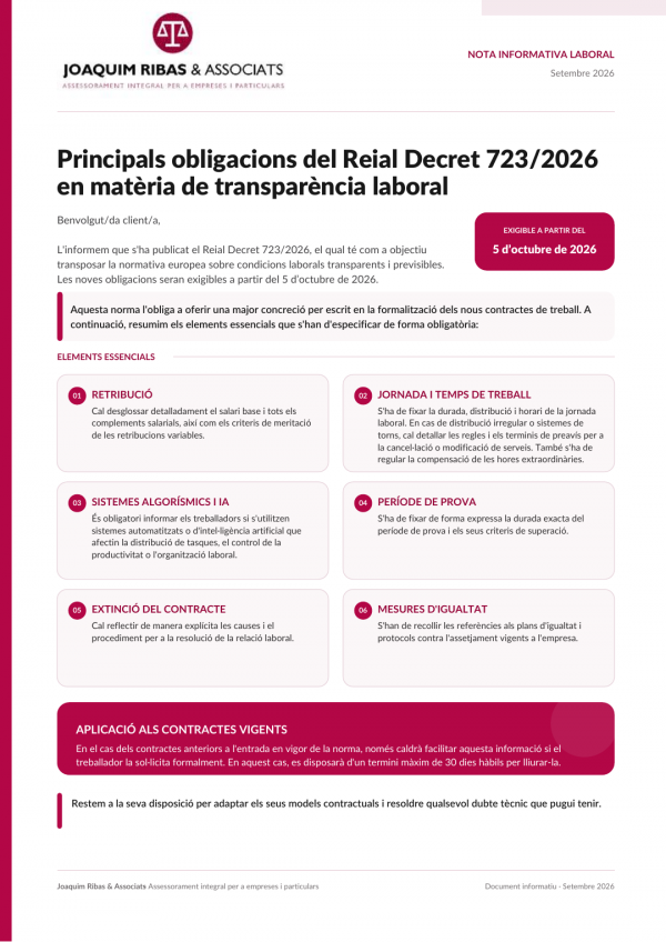 Reial Decret 723/2026: noves obligacions de transparència en els contractes de treball